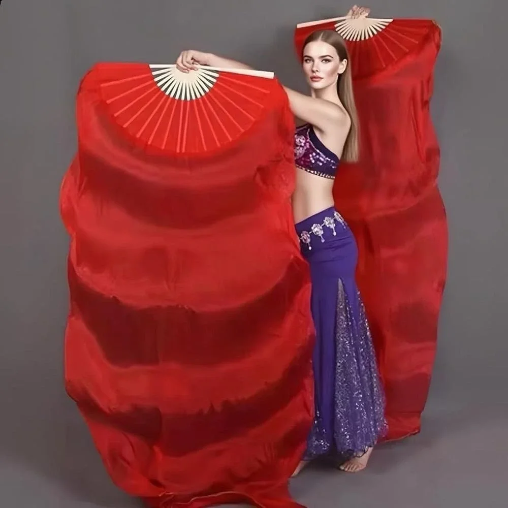 Women Chinese Belly Dance Silk Fan Veils (Left+Right) 1 Pair Long Fans for Dance - Picture 2 of 5